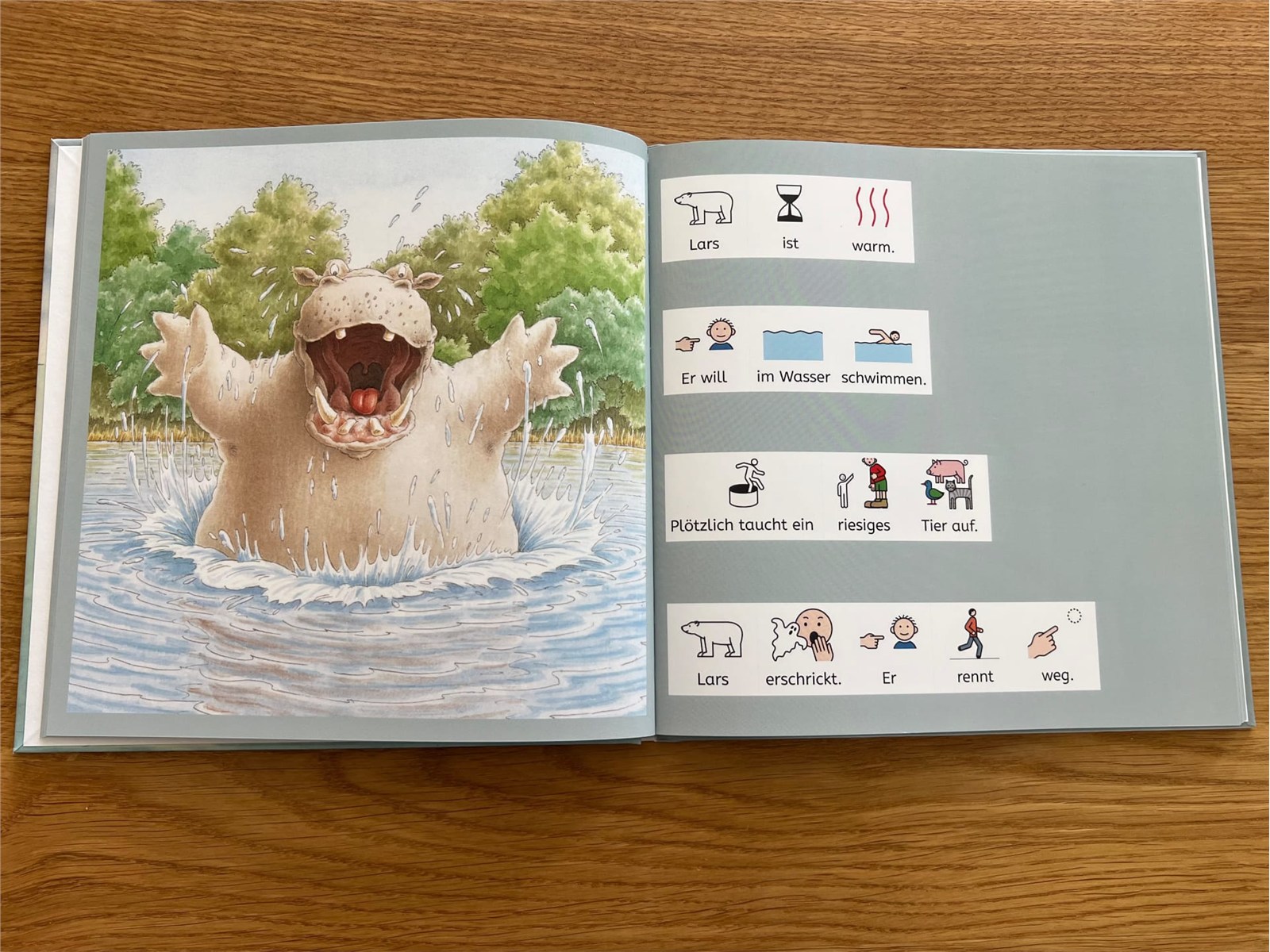 Aufgeschlagene Doppelseite: links ein Nilpferd im Wasser, rechts kurze Sätze mit passenden METACOM-Symbolen.